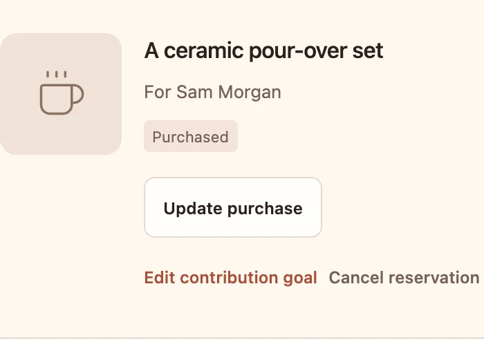 The Buying view shows a pour-over set for Sam marked Purchased.
