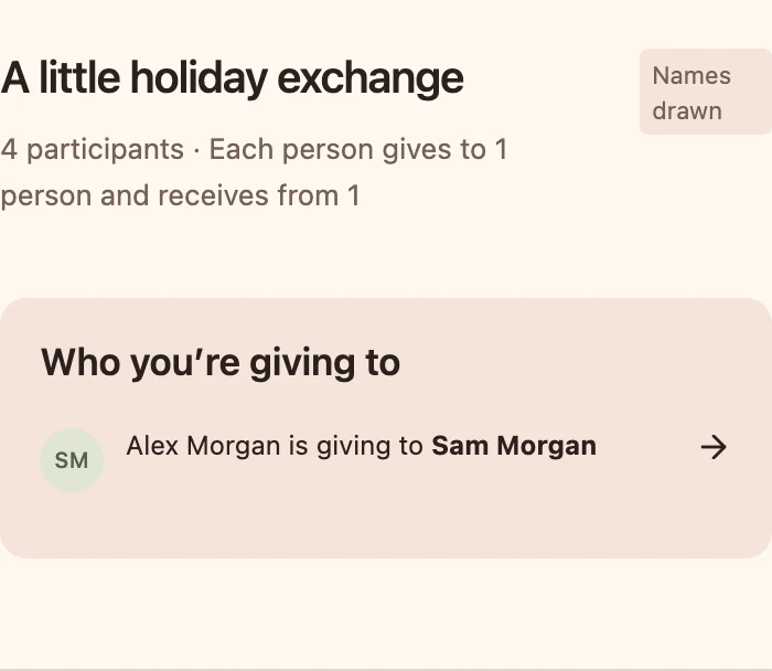 A secret gift exchange shows Alex who they drew: Sam.