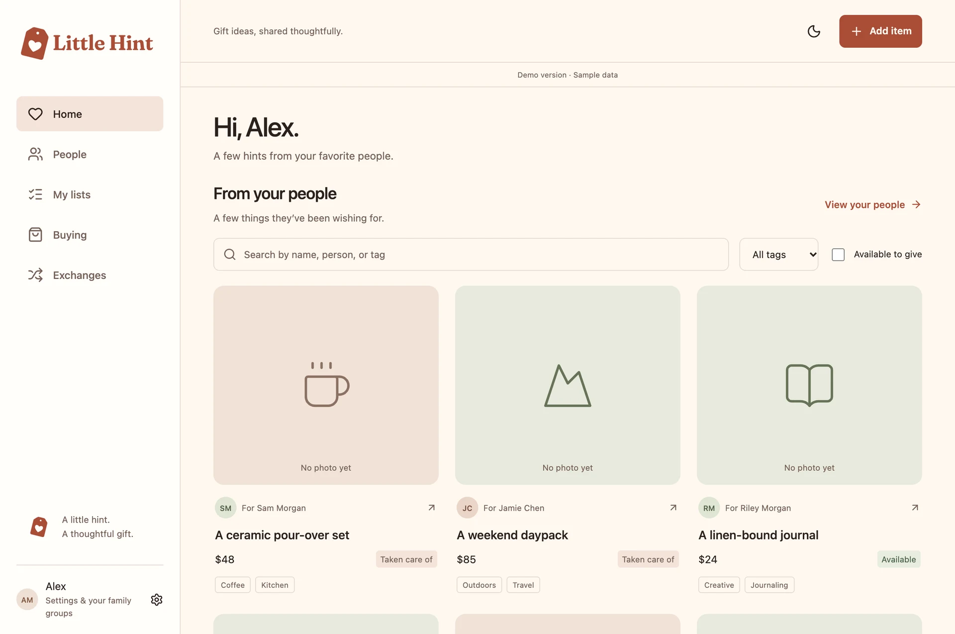 Little Hint on desktop: wish-list items for Sam, Jamie, and Riley, showing which gifts are available to reserve.