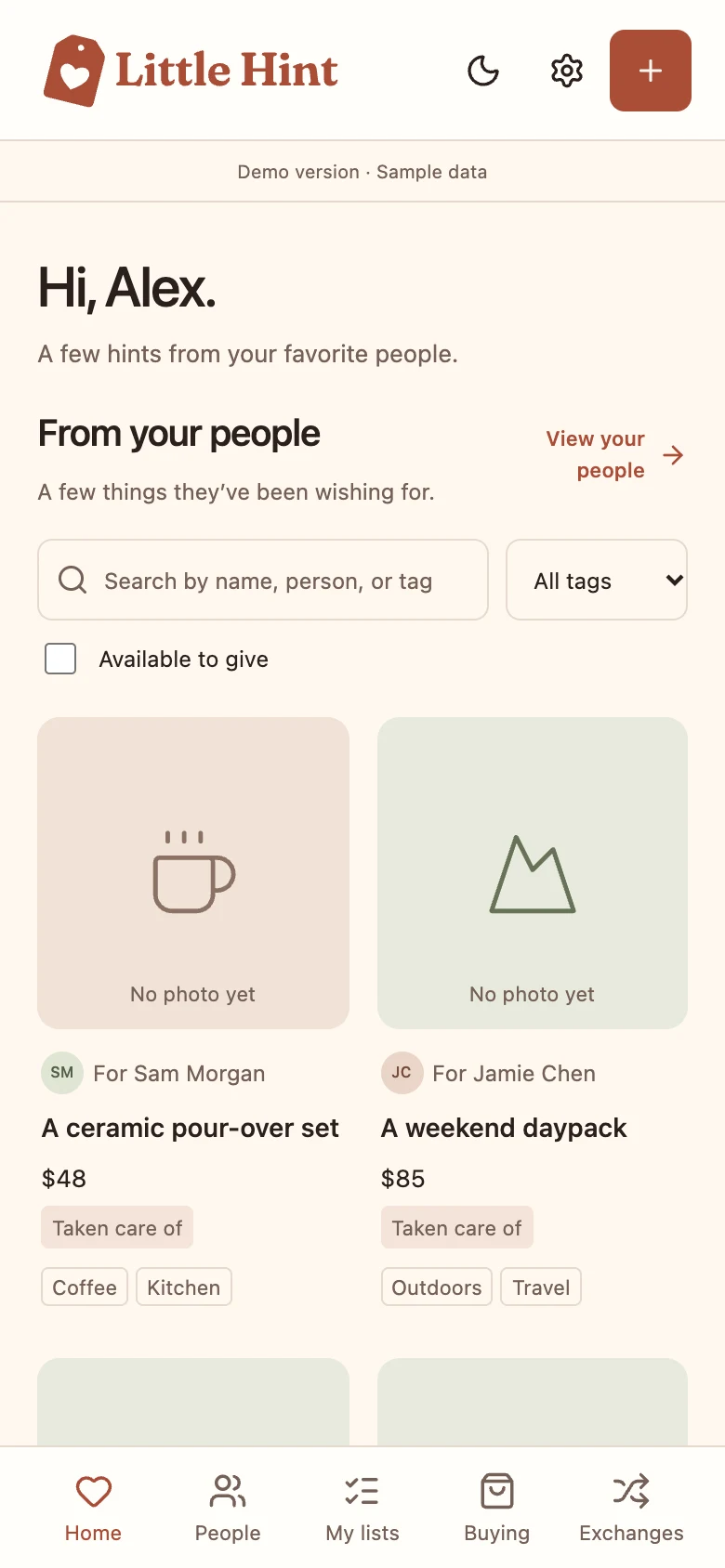 Little Hint on a phone, with wish lists and navigation within easy reach.